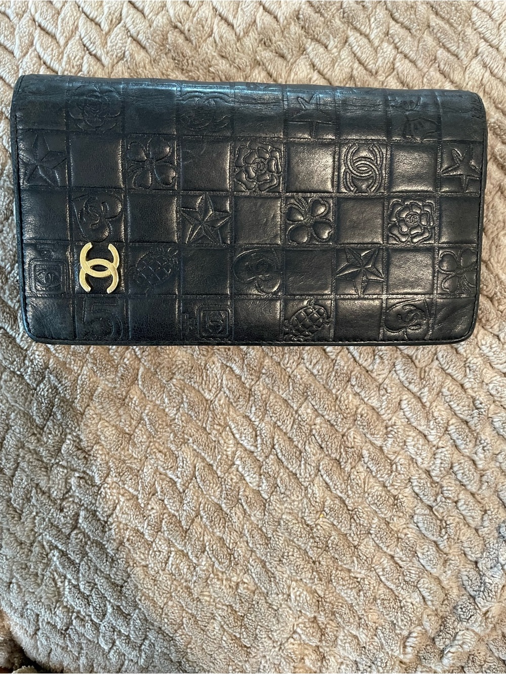 CHANEL Black “Icon” Quilted Embossed Leather Wallet